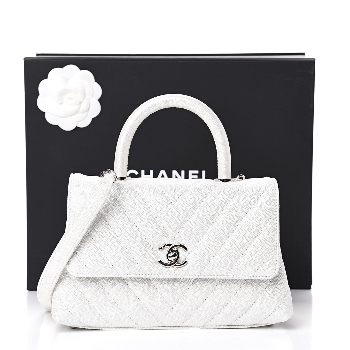 Iridescent Caviar Chevron Quilted Mini Coco Handle Flap White
