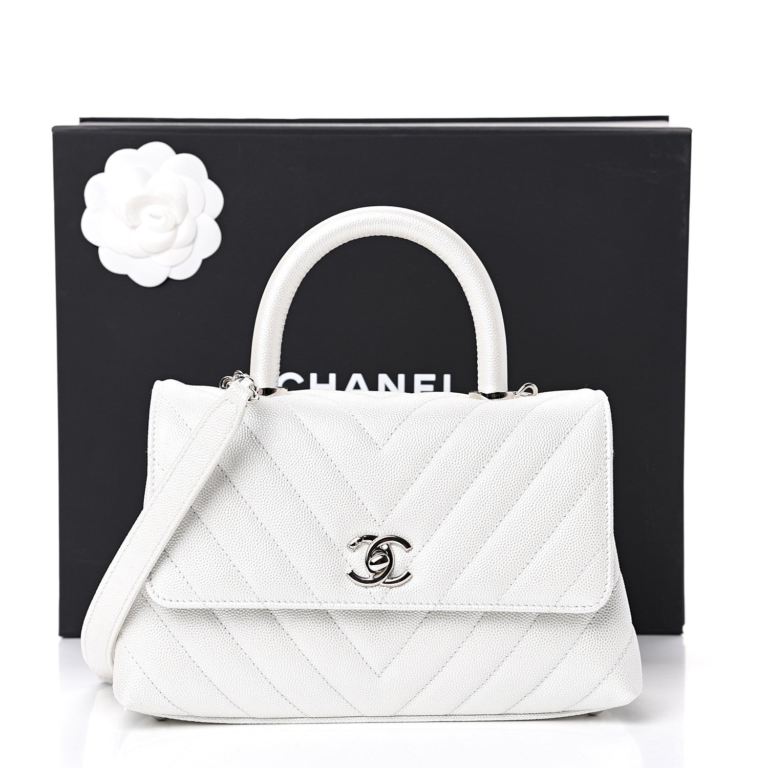 Chanel Iridescent Caviar Chevron Quilted Mini Coco Handle Flap White 11 of 11