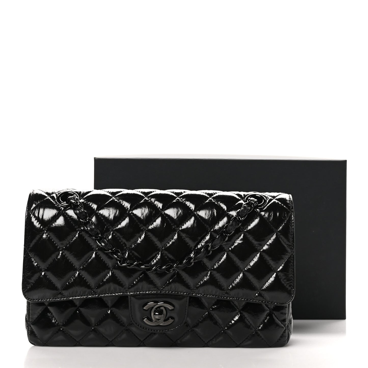 Shiny Crumpled Calfskin Quilted Medium Double Flap So Black