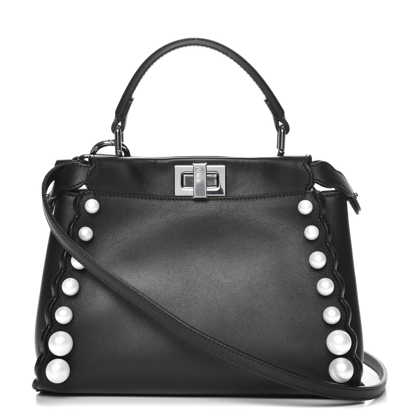 Vitello Seta Shiny Nappa Pearl Scallopped Studded Mini Peekaboo Iconic Satchel Black