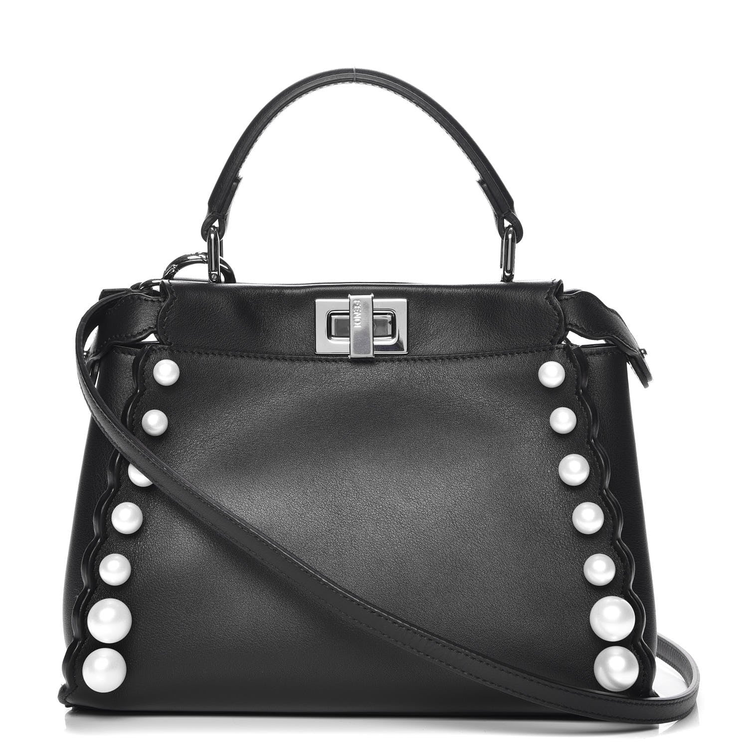 Fendi Vitello Seta Shiny Nappa Pearl Scallopped Studded Mini Peekaboo Iconic Satchel Black 1 of 9