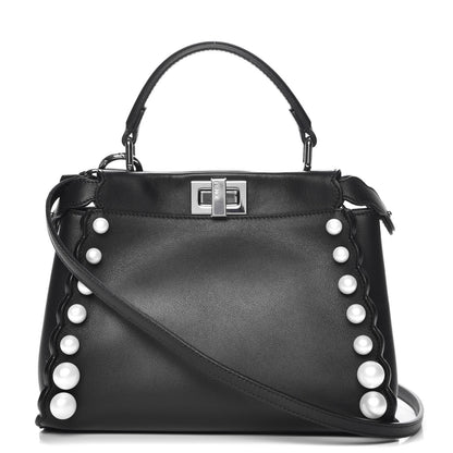 Fendi Vitello Seta Shiny Nappa Pearl Scallopped Studded Mini Peekaboo Iconic Satchel Black 1 of 9