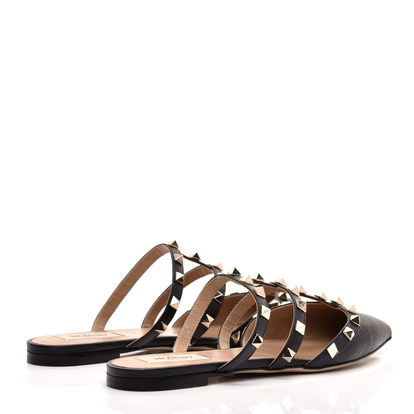 Pebbled Calfskin Rockstud Flat Cage Mules 37 Black