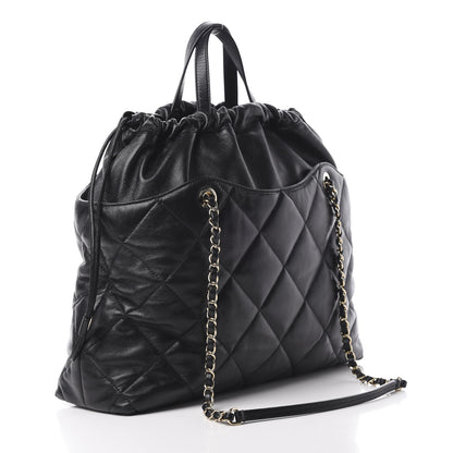Chanel Lambskin Quilted Drawstring Shopping Bag Black 3 of 14