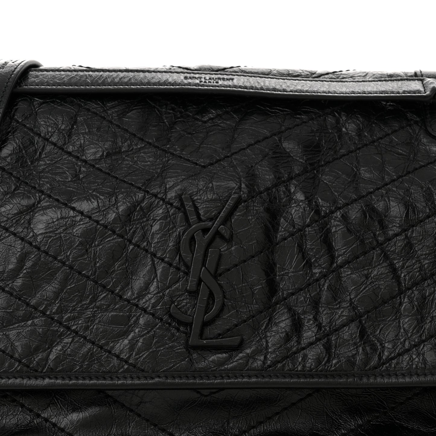 Crinkled Calfskin Matelasse Monogram Large Niki Chain Satchel Black