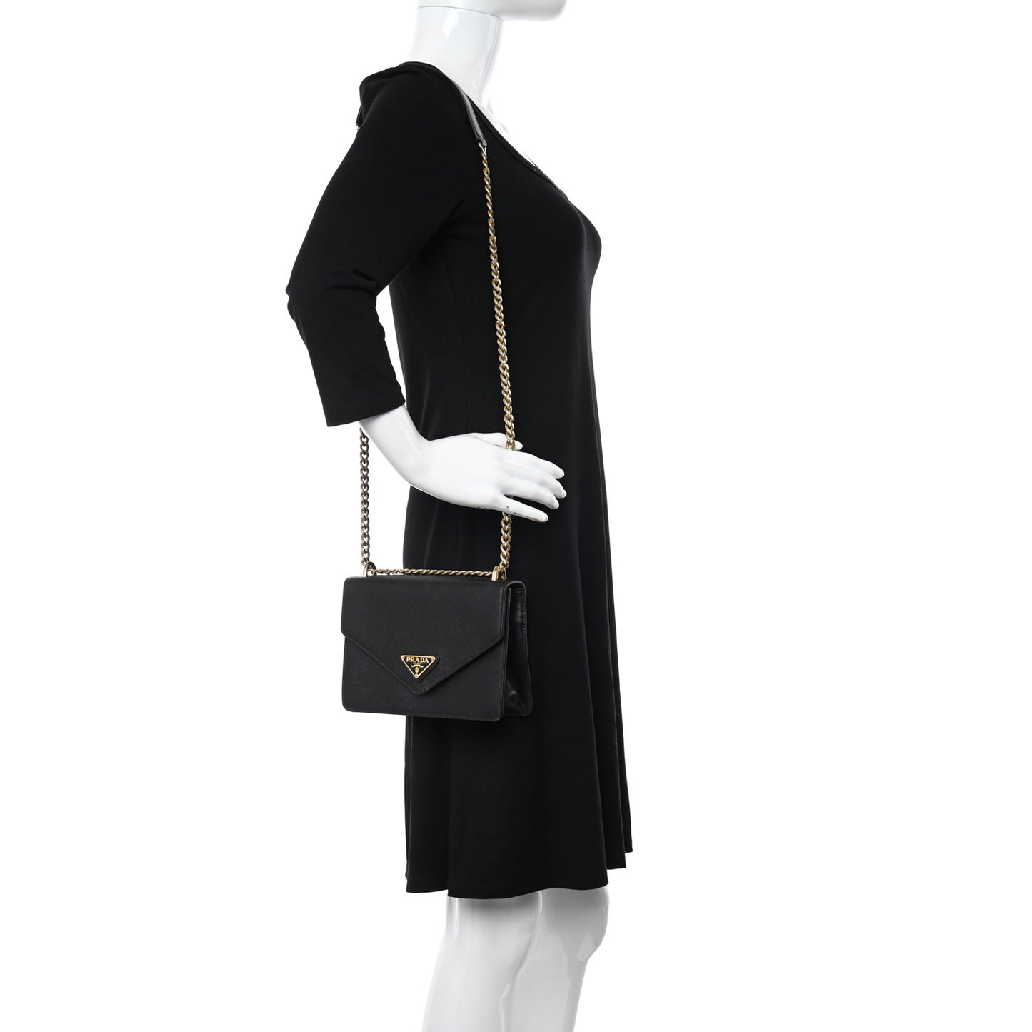 Saffiano Soft Calfskin Metal Triangle Logo Envelope Chain Shoulder Bag Black