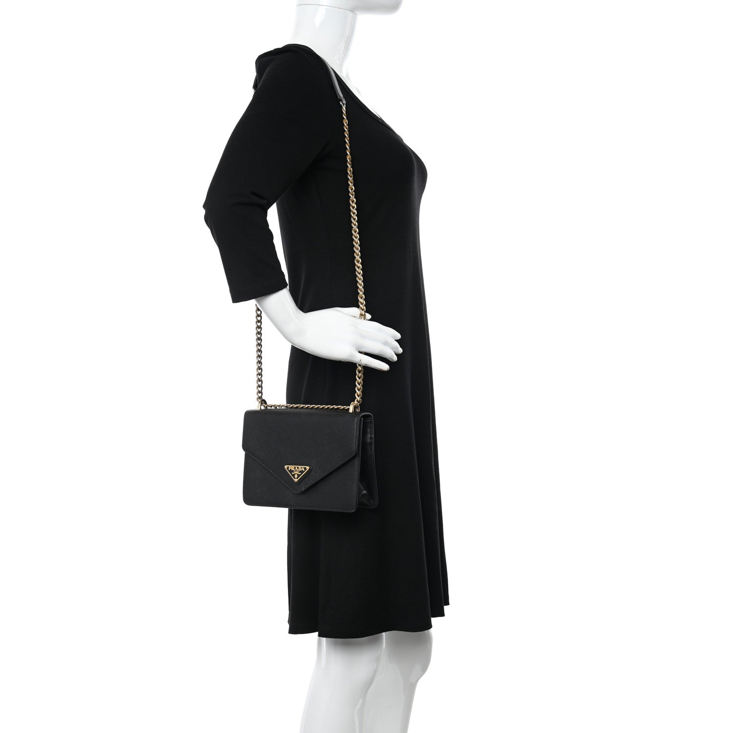 Prada Saffiano Soft Calfskin Metal Triangle Logo Envelope Chain Shoulder Bag Black 2 of 11
