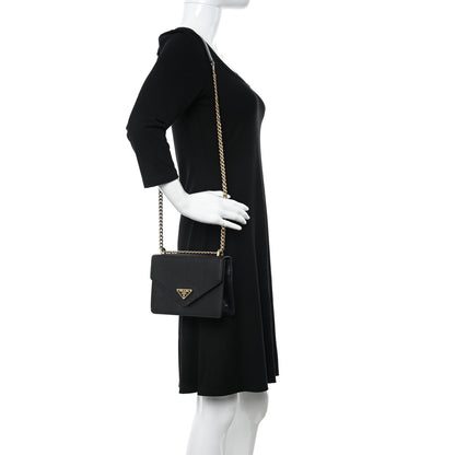 Prada Saffiano Soft Calfskin Metal Triangle Logo Envelope Chain Shoulder Bag Black 2 of 11