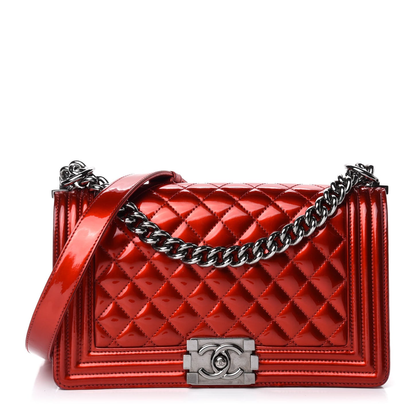 Metallic Patent Calfskin Quilted Medium Boy Flap Red