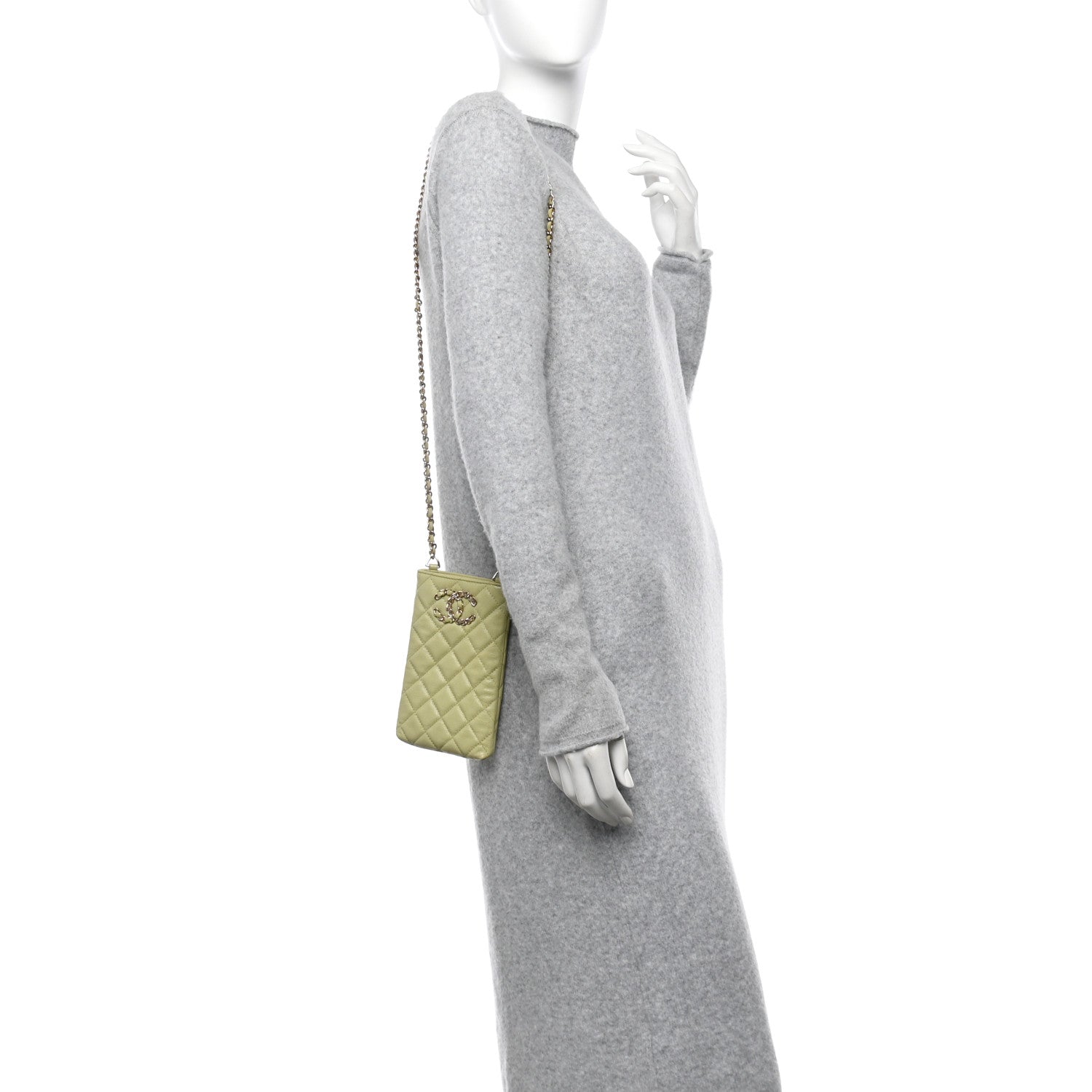 Chanel Caviar Quilted French New Wave Phone Holder With Chain Light Green 3 of 11