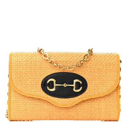 Gucci Straw Azalea Calfskin Mini Horsebit 1955 Chain Shoulder Bag Crop Black 1 of 10
