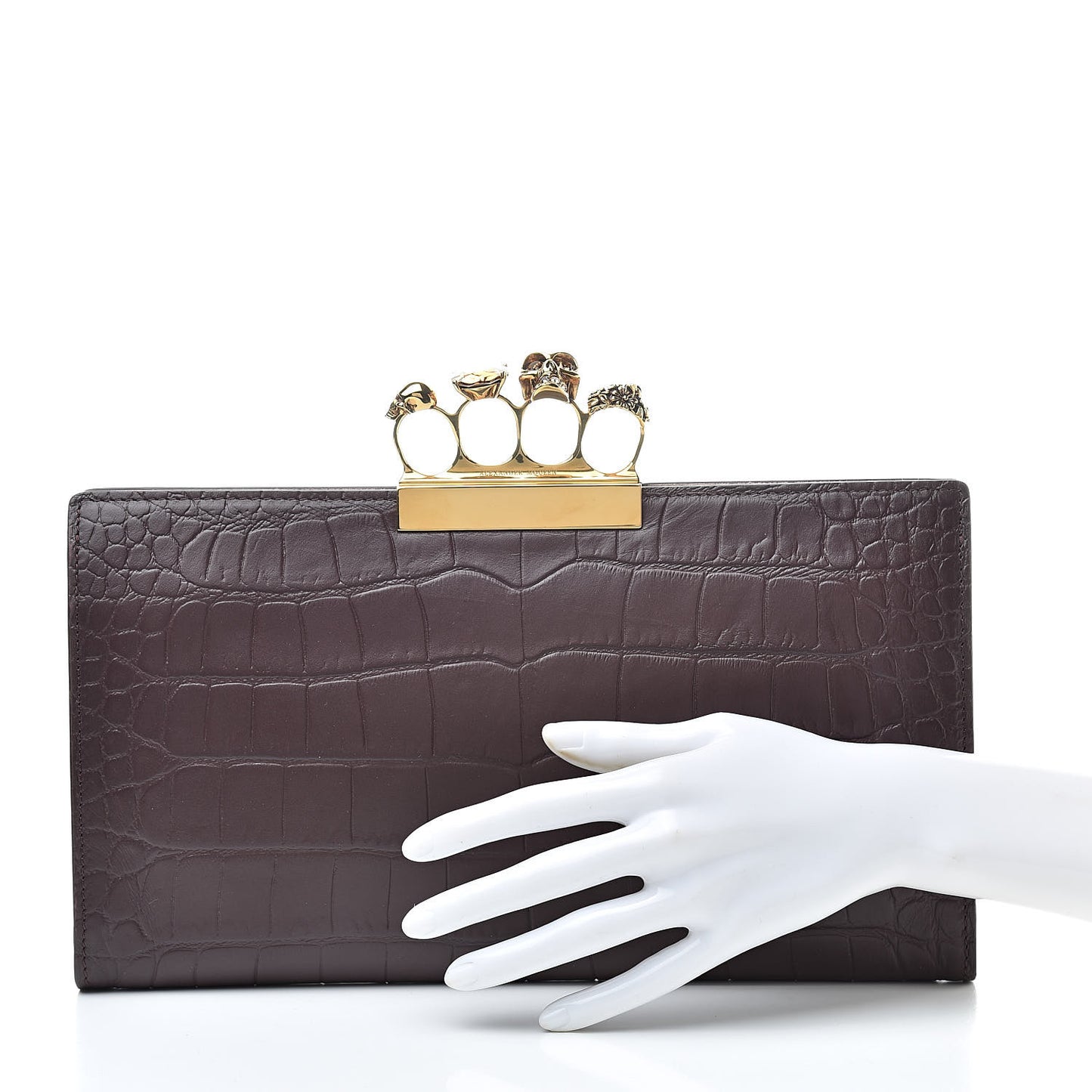 Calfskin Crocodile Embossed Knuckle Flat Clutch Burgundy