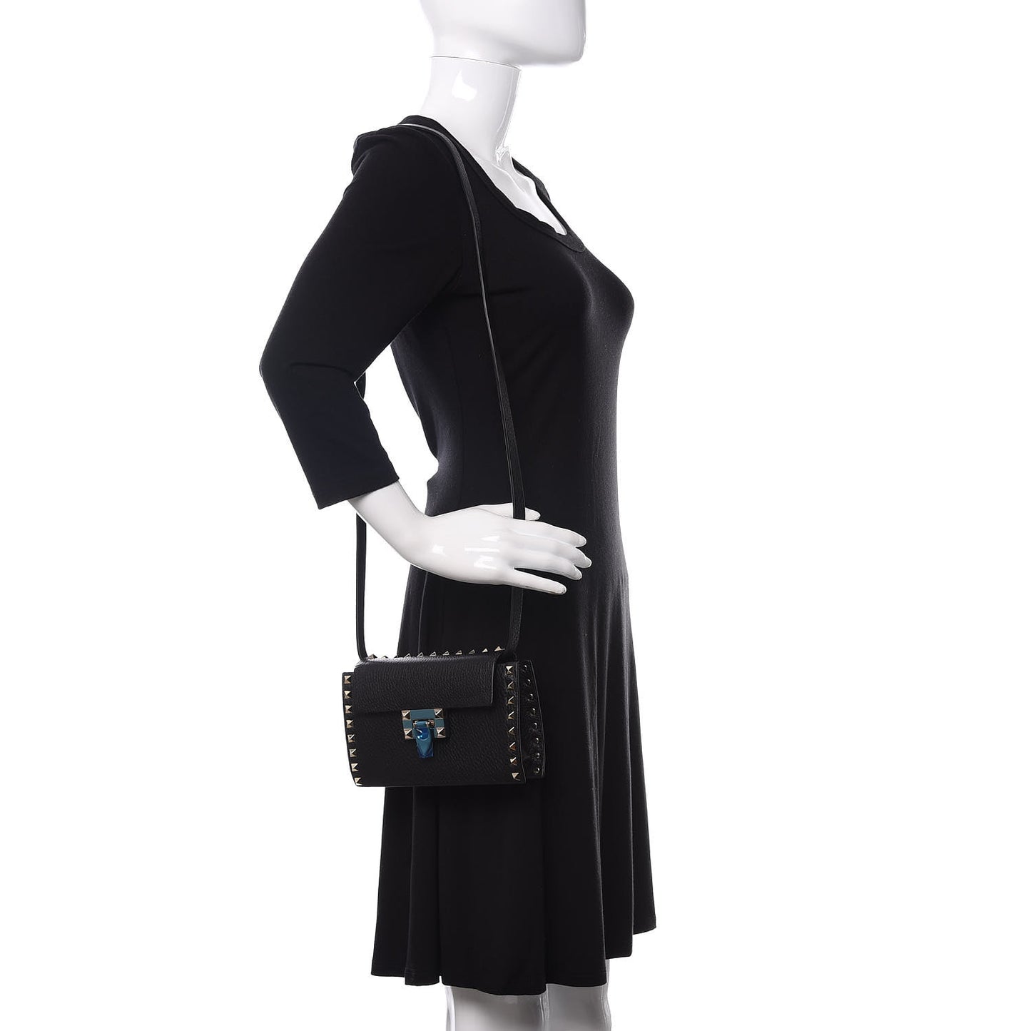 Pebbled Calfskin Small Rockstud Overlay Flap Shoulder Bag Black
