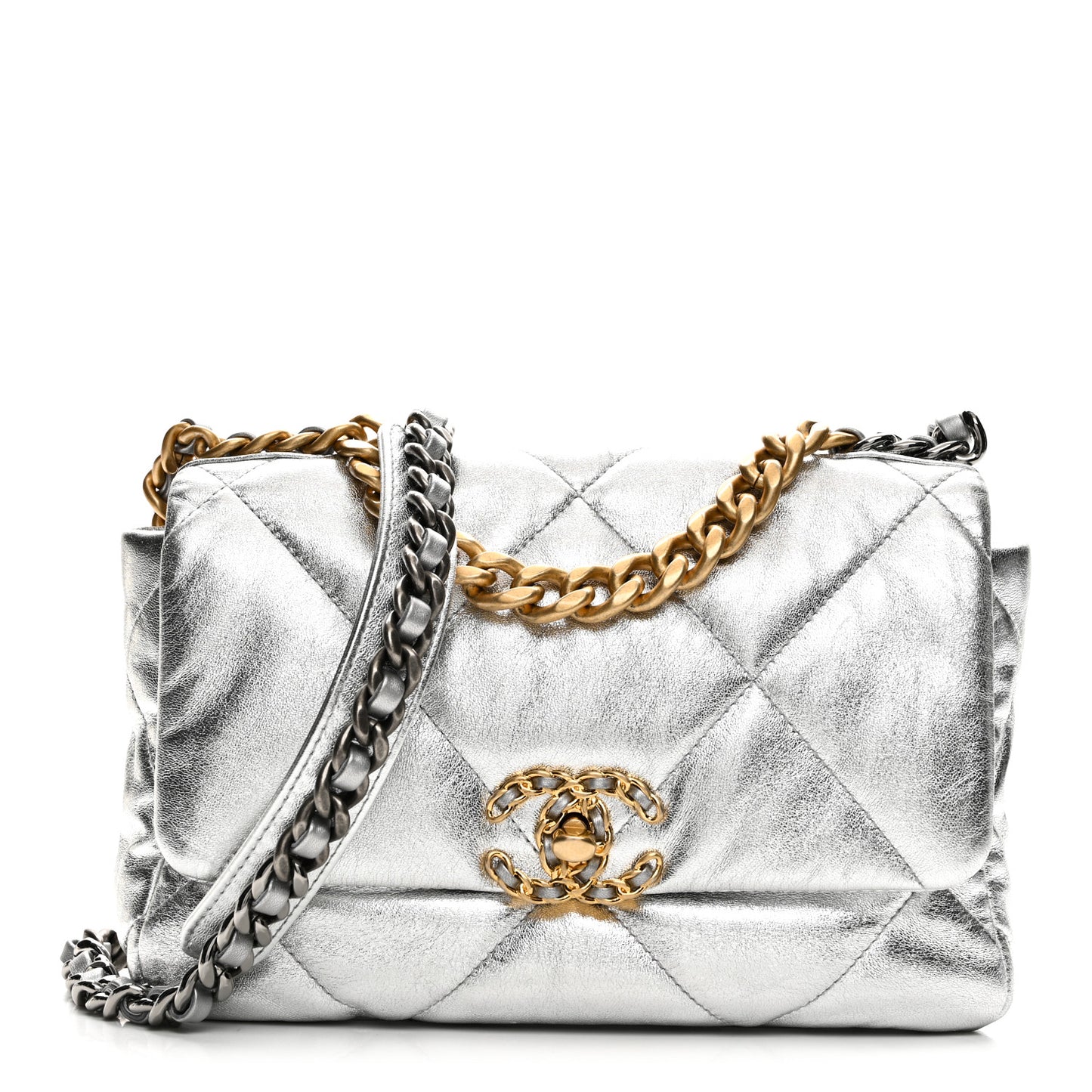 Metallic Lambskin Quilted Medium Chanel 19 Flap Silver