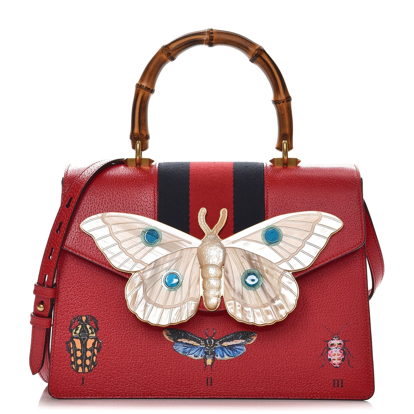Calfskin Bamboo Web Medium Falena Moth Top Handle Bag Hibiscus Red