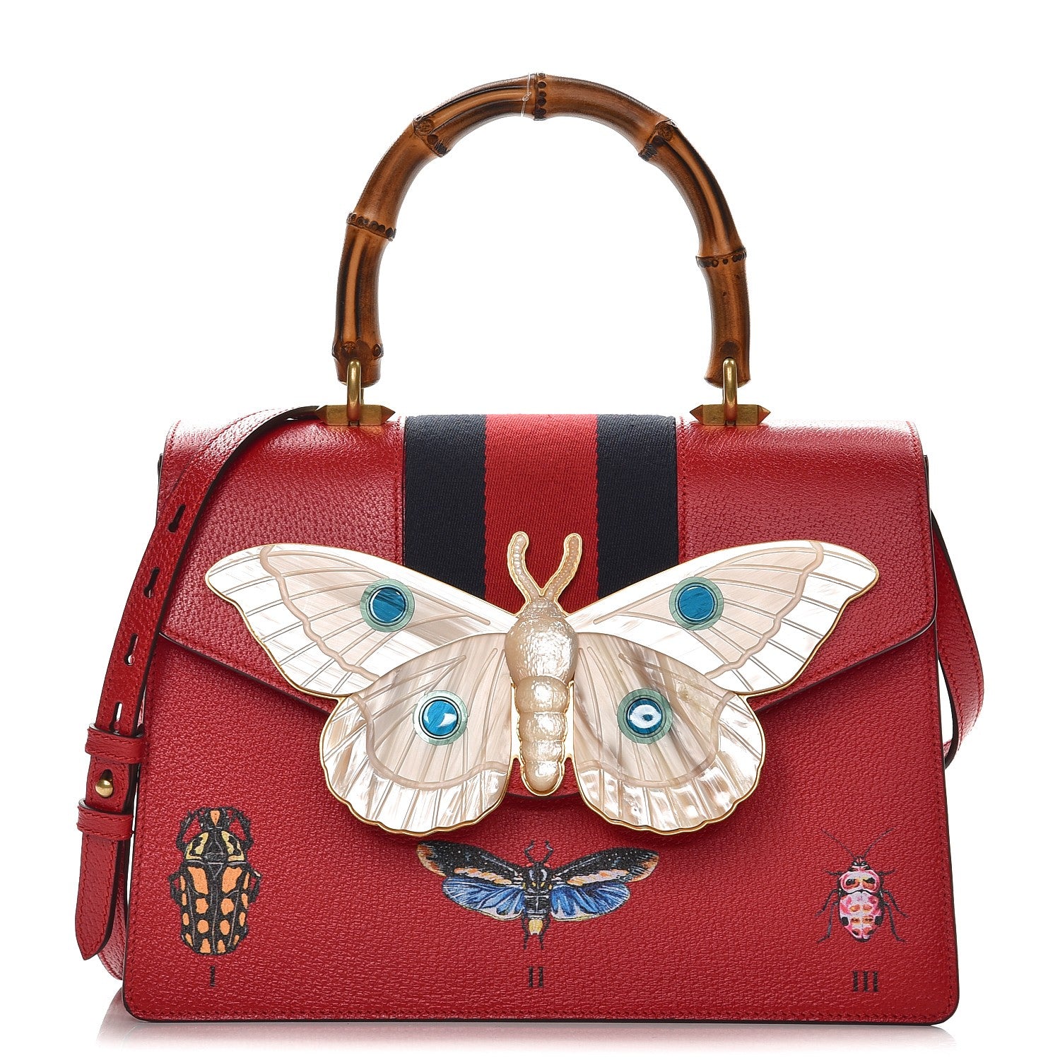 Gucci Calfskin Bamboo Web Medium Falena Moth Top Handle Bag Hibiscus Red 1 of 7