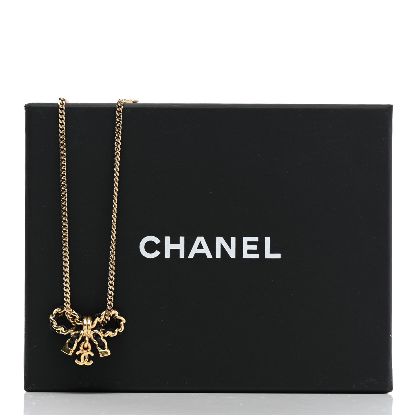 Metal Lambskin Chain CC Bow Necklace Black Gold
