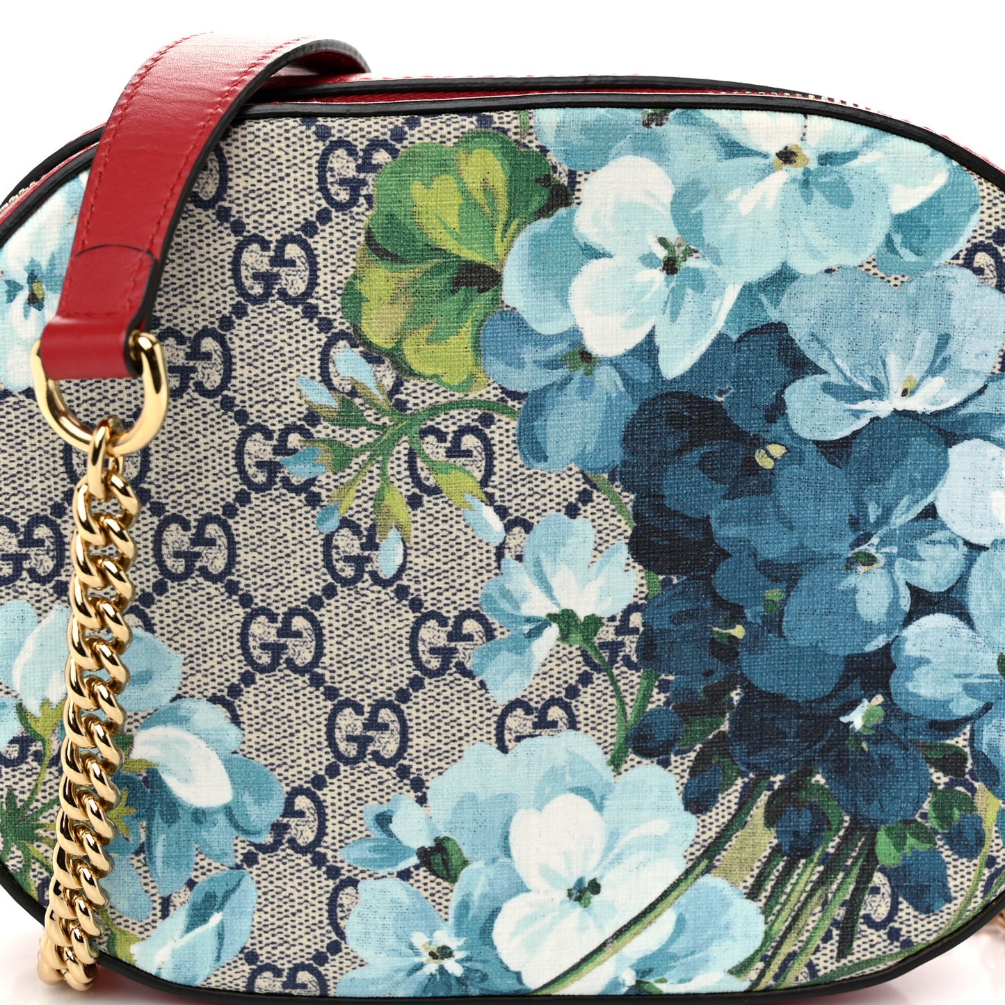 GG Supreme Monogram Blooms Mini Chain Shoulder Bag Beige Blue Navy Hibiscus Red