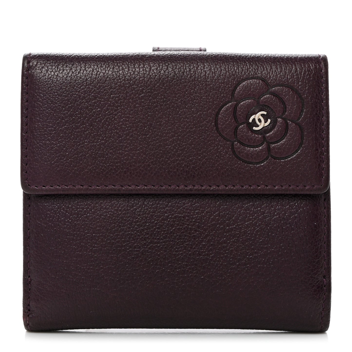 Glazed Goatskin Camellia Embossed French Flap Wallet Purple