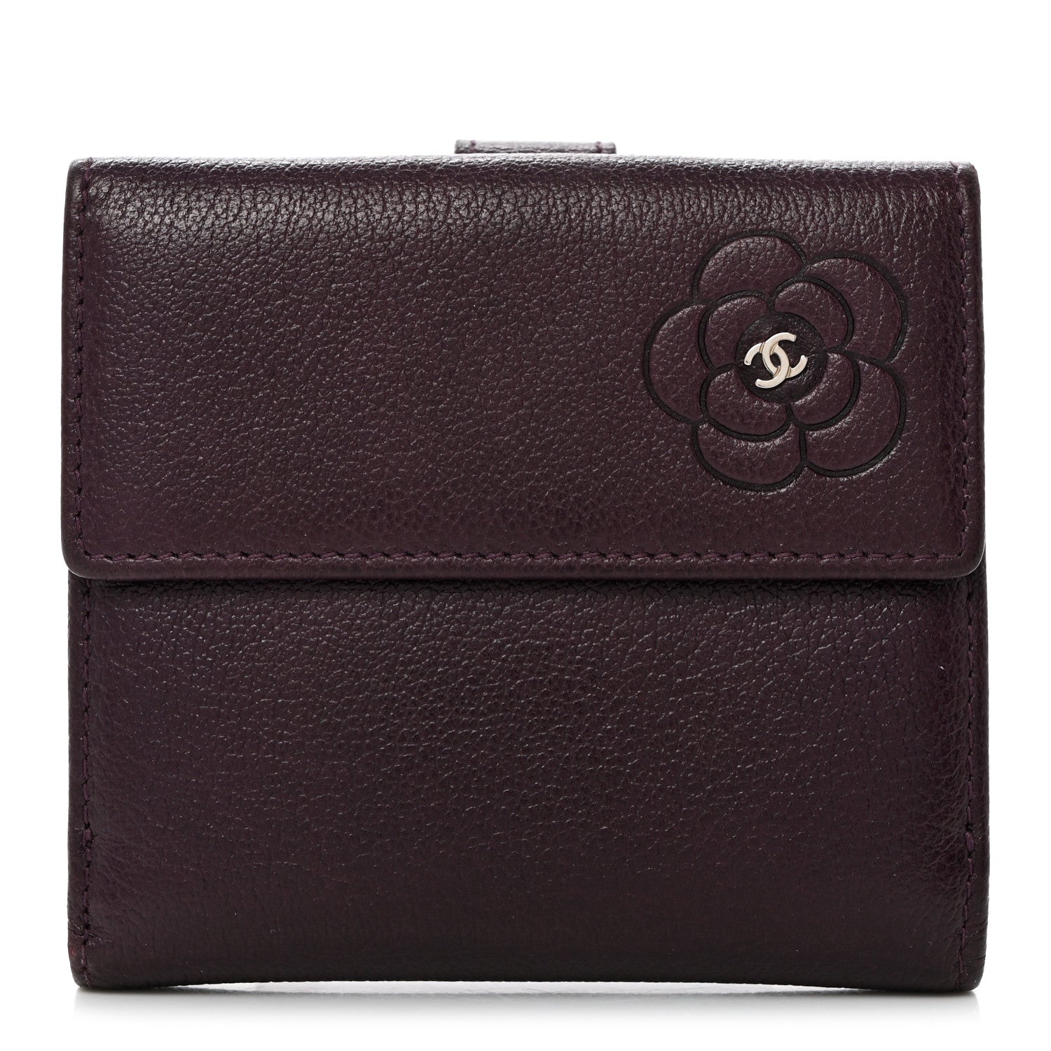 Chanel Glazed Goatskin Camellia Embossed French Flap Wallet Purple 1 of 9