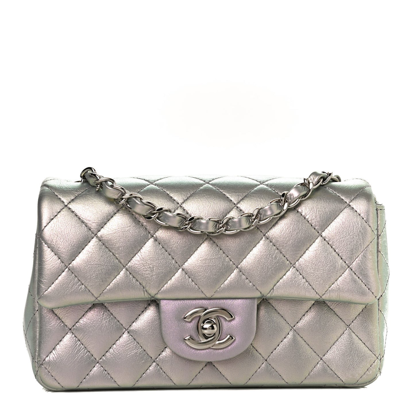 Iridescent Lambskin Quilted Mini Rectangular Flap Light Purple
