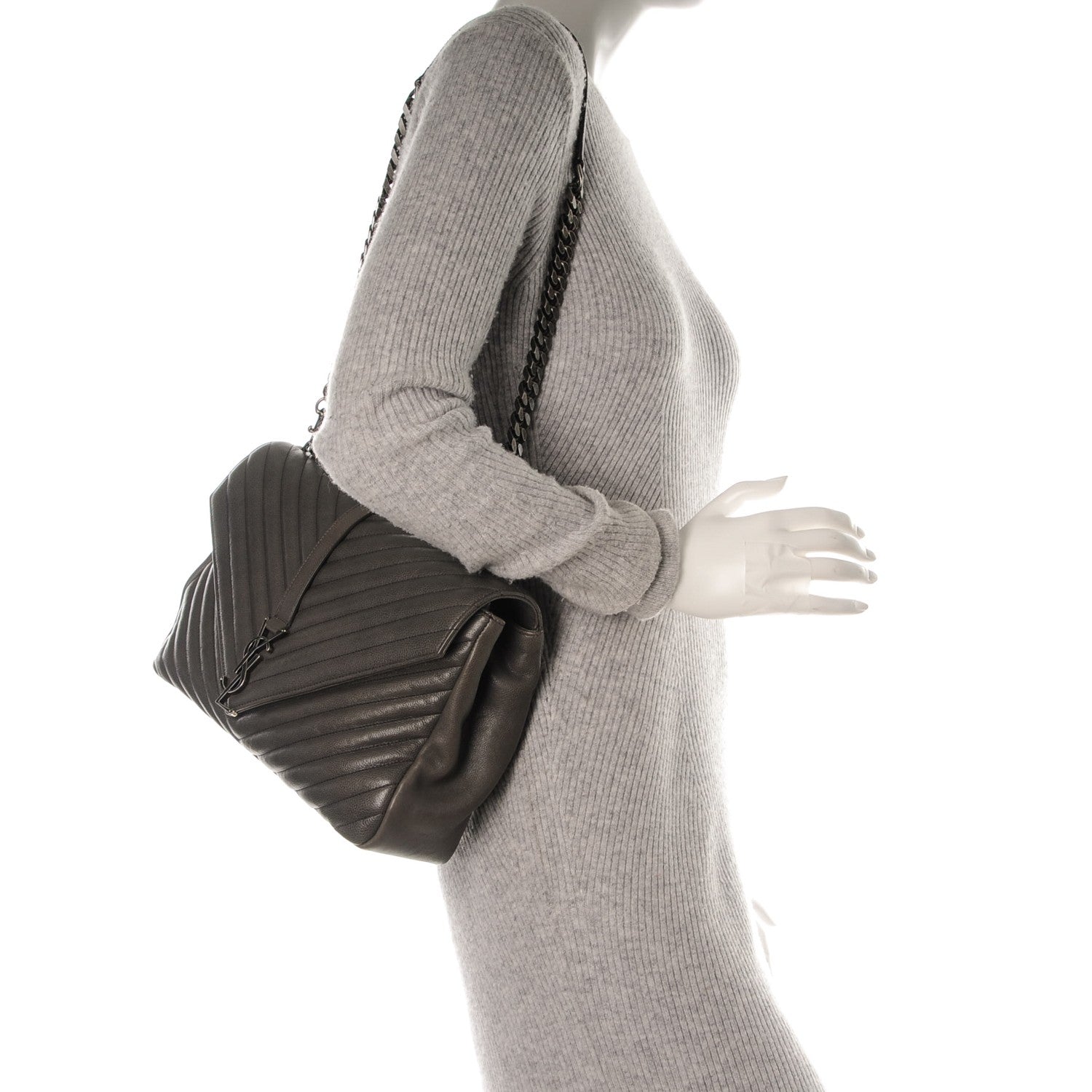 Saint Laurent Sheepskin Matelasse Chevron Monogram Large College Satchel Light Coal 2 of 7