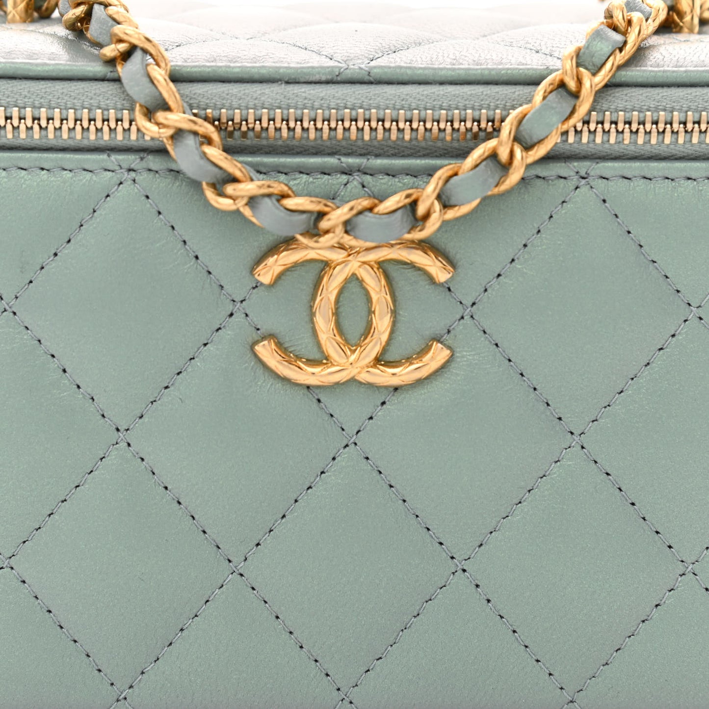 Metallic Lambskin Quilted Small CC Dynasty Vanity Case With Chain Grey