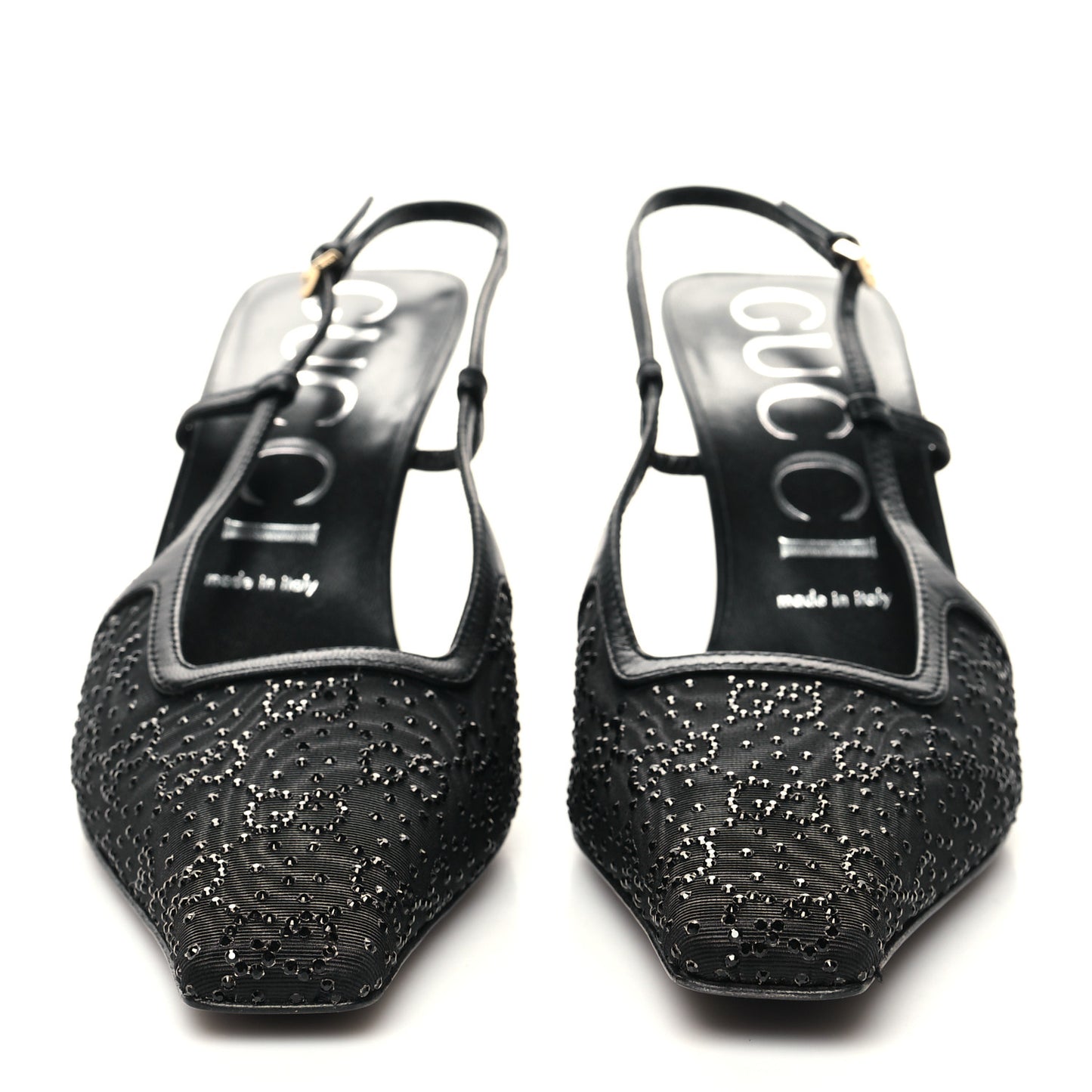 Moire Fabric Malaga Kid Crystal GG Monogram Square G 75mm Slingback Pumps 39 Black