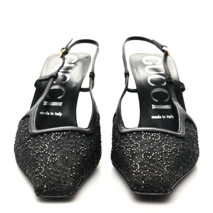 Gucci Moire Fabric Malaga Kid Crystal GG Monogram Square G 75mm Slingback Pumps 39 Black 2 of 7