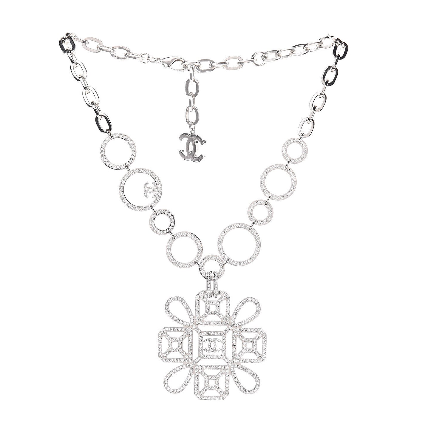 Crystal Strass Cross CC Necklace Silver