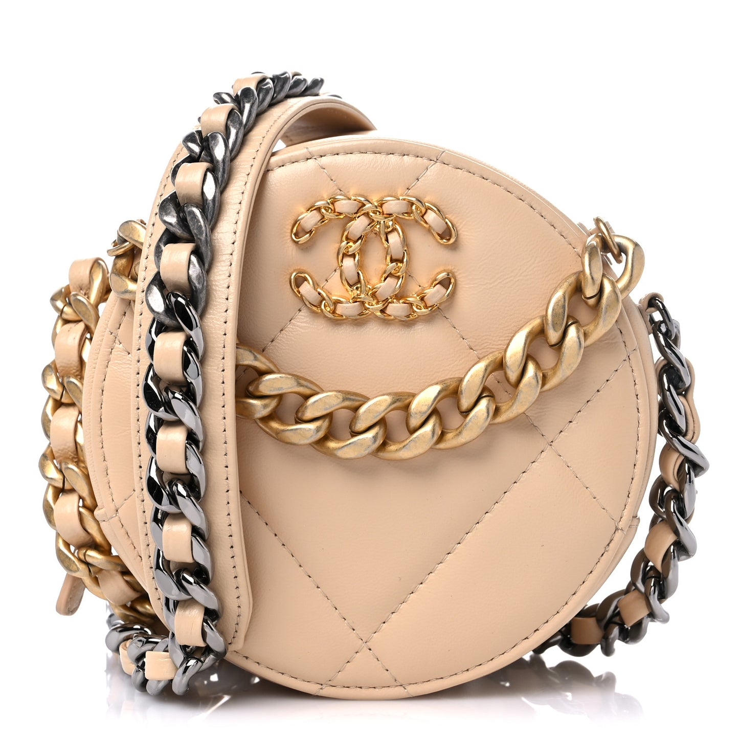 Lambskin Quilted Chanel 19 Round Clutch With Chain Beige