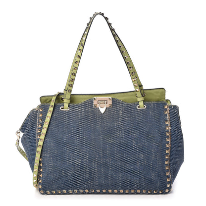 Valentino Garavani Denim Medium Rockstud Tote Blue Green 1 of 13