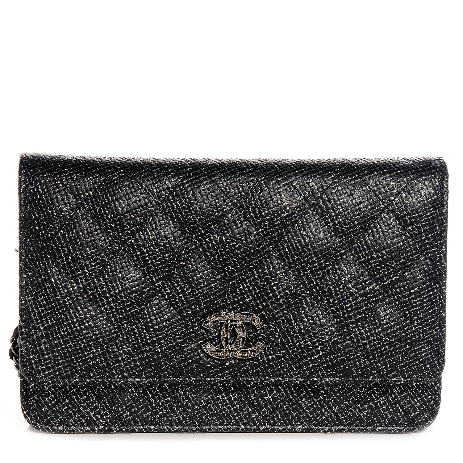 Chanel Glitter Calfskin Quilted Wallet on Chain WOC Black Silver 1 of 9