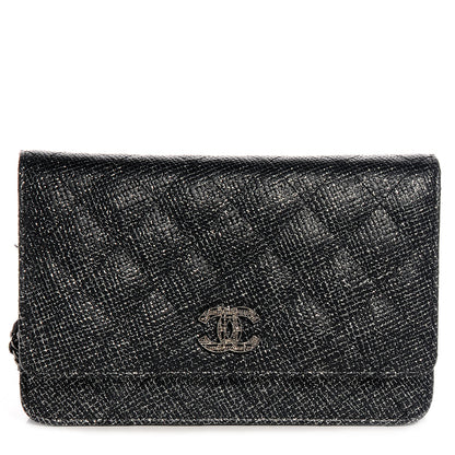 Chanel Glitter Calfskin Quilted Wallet on Chain WOC Black Silver 1 of 9