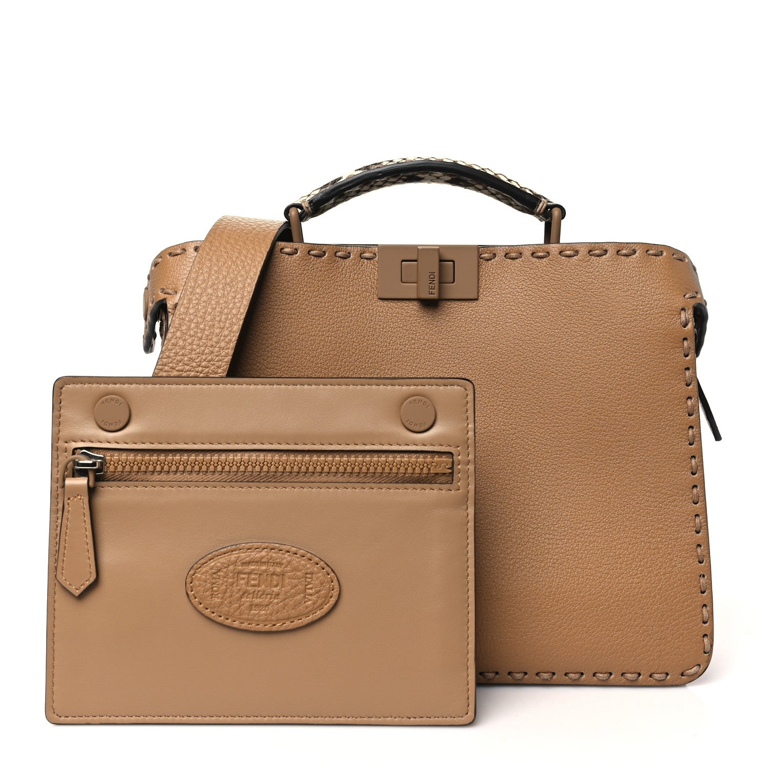 Fendi Cuoio Romano Vitello Elaphe Cover Sellerissima Monochrome Mini Peekaboo I SEE U Satchel Cammello 3 of 11