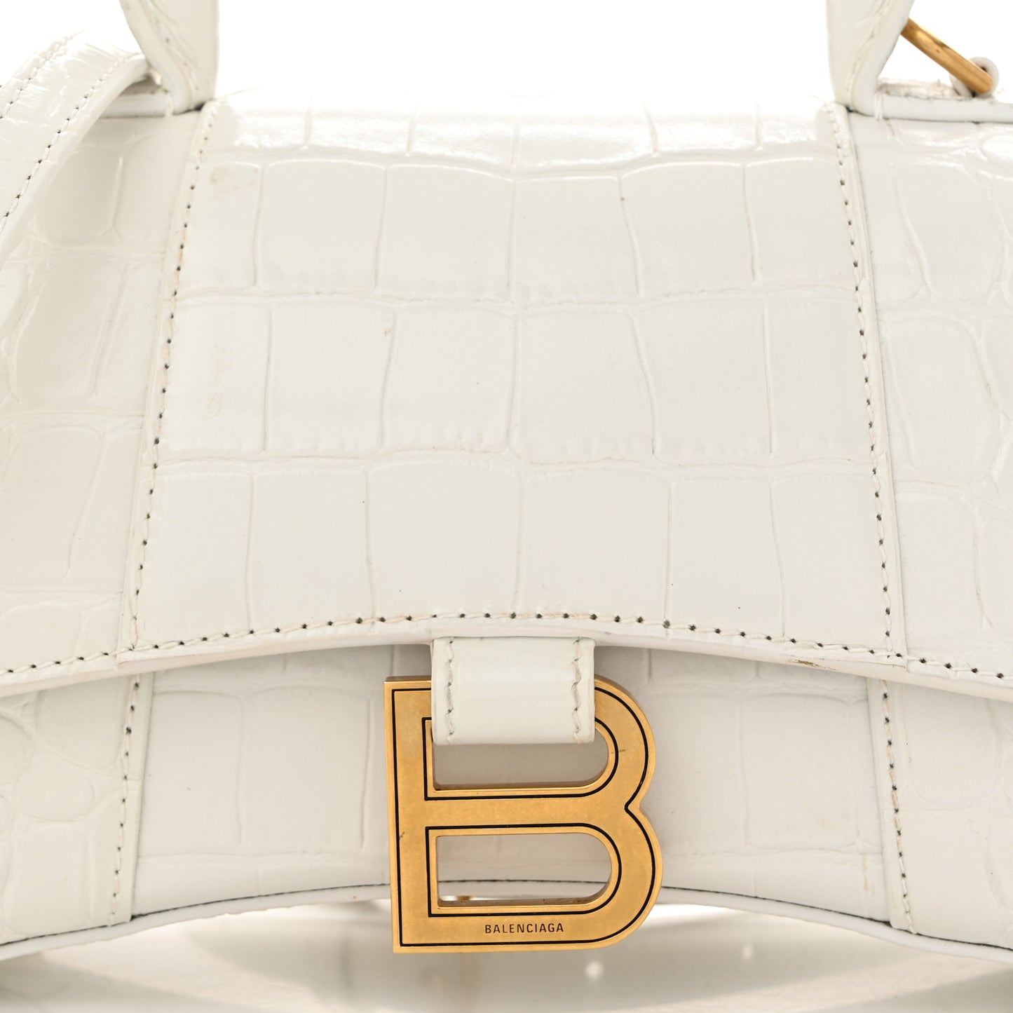 Shiny Calfskin Crocodile Embossed Hourglass Top Handle Bag XS White