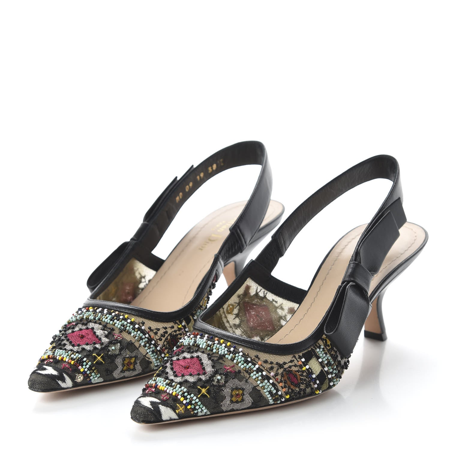 Christian Dior Embroidered Calfskin Beaded Sweet D Sling-Back Pumps 38.5 Black Turquoise 3 of 10