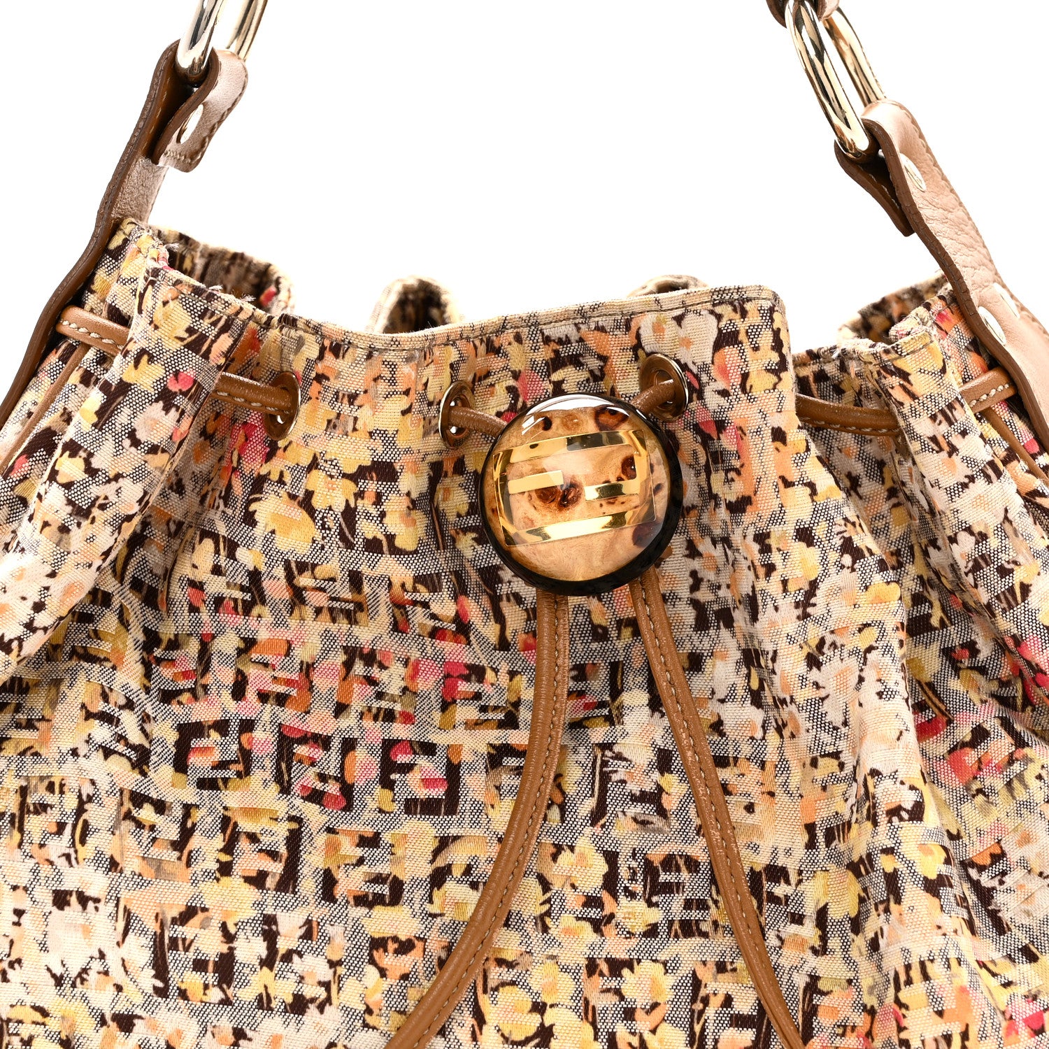 Fendi Zucchino Vitello Floral Forever Bucket Bag Pesca Giallo Saddler 8 of 10