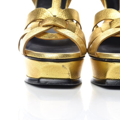 Saint Laurent Metallic Crackled Calfskin Tribute 105 Platform Sandals 37 Black Gold 13 of 18
