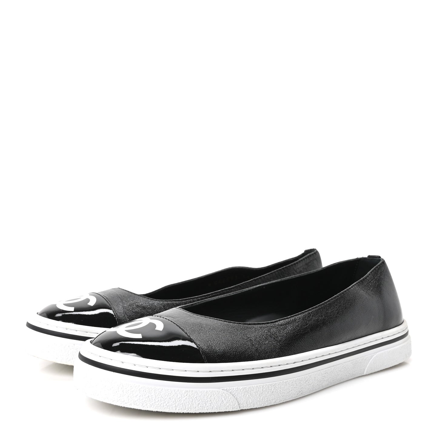 Crumpled Shiny Lambskin Patent Calfskin CC Ballet Flats 36.5 Black