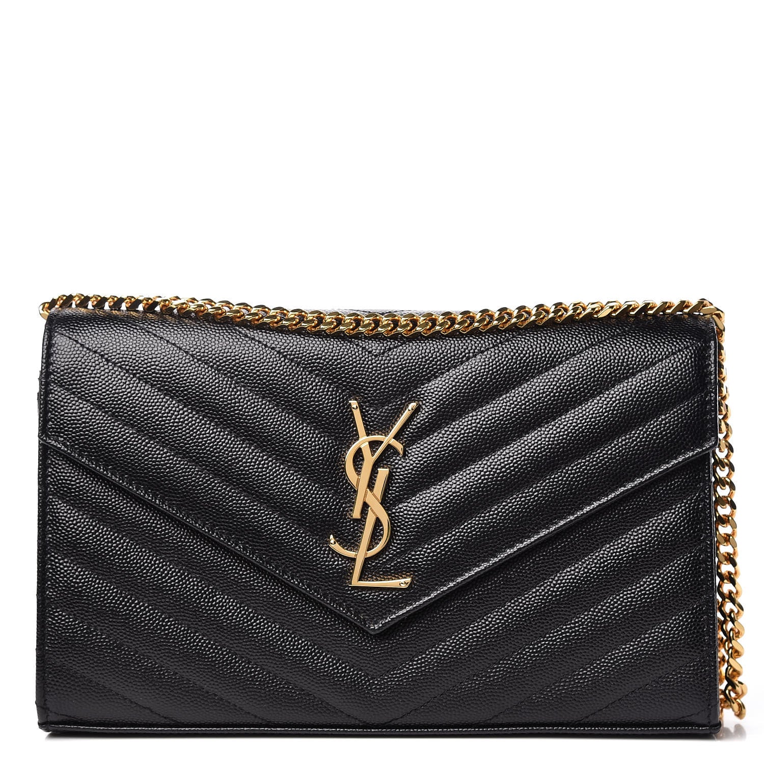 Saint Laurent Grain De Poudre Matelasse Chevron Monogram Chain Wallet Black 1 of 9