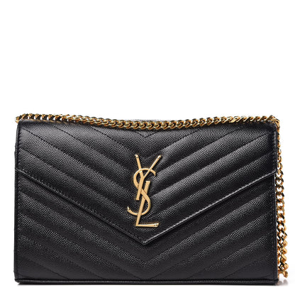 Saint Laurent Grain De Poudre Matelasse Chevron Monogram Chain Wallet Black 1 of 9