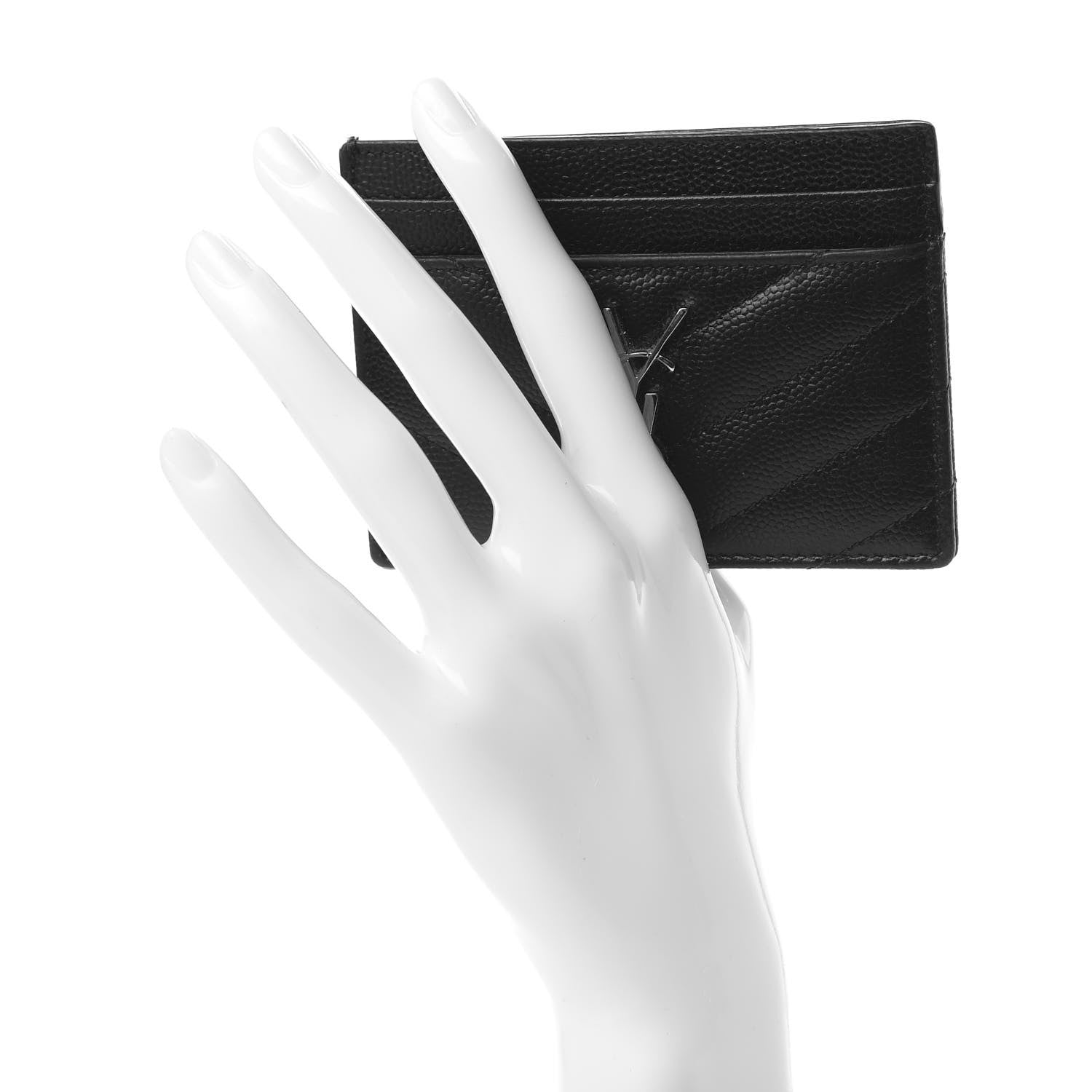 Saint Laurent Grain De Poudre Matelasse Chevron Monogram Credit Card Case Black 2 of 7