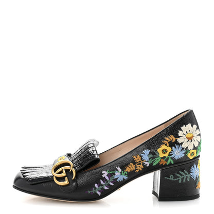 Gucci Skipper Calfskin Floral Embroidered GG Marmont Fringe 50mm Loafer Pumps 40 Black 1 of 11
