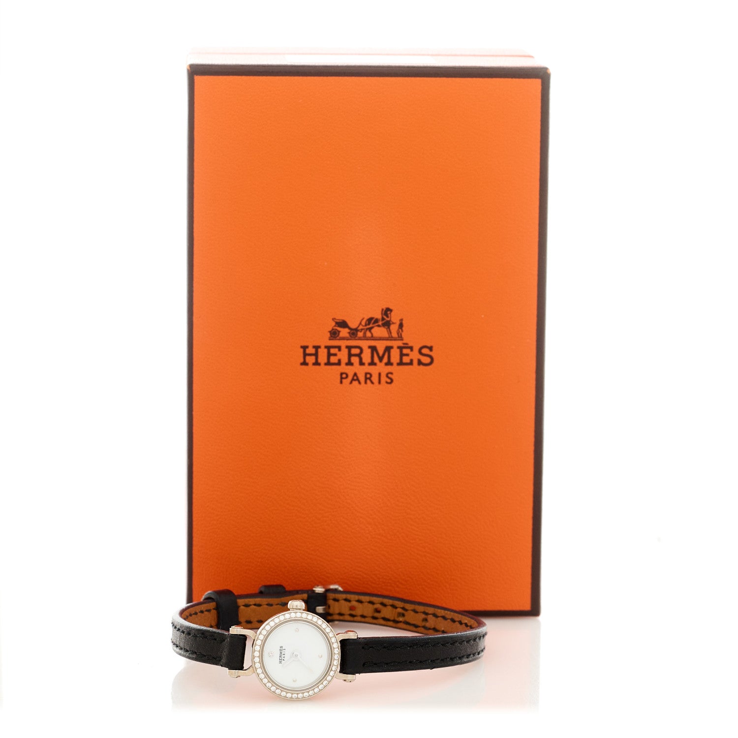 Hermes 18K White Gold Barenia Diamond 16mm Faubourg Quartz Watch Noir 5 of 5