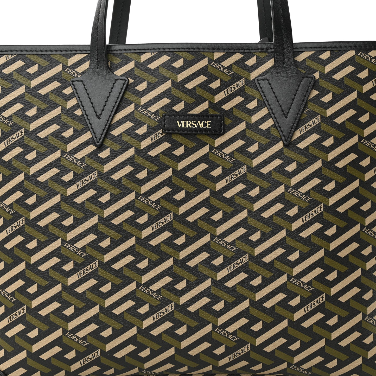 Canvas Calfskin Monogram La Greca Medusa Tote Black Khaki