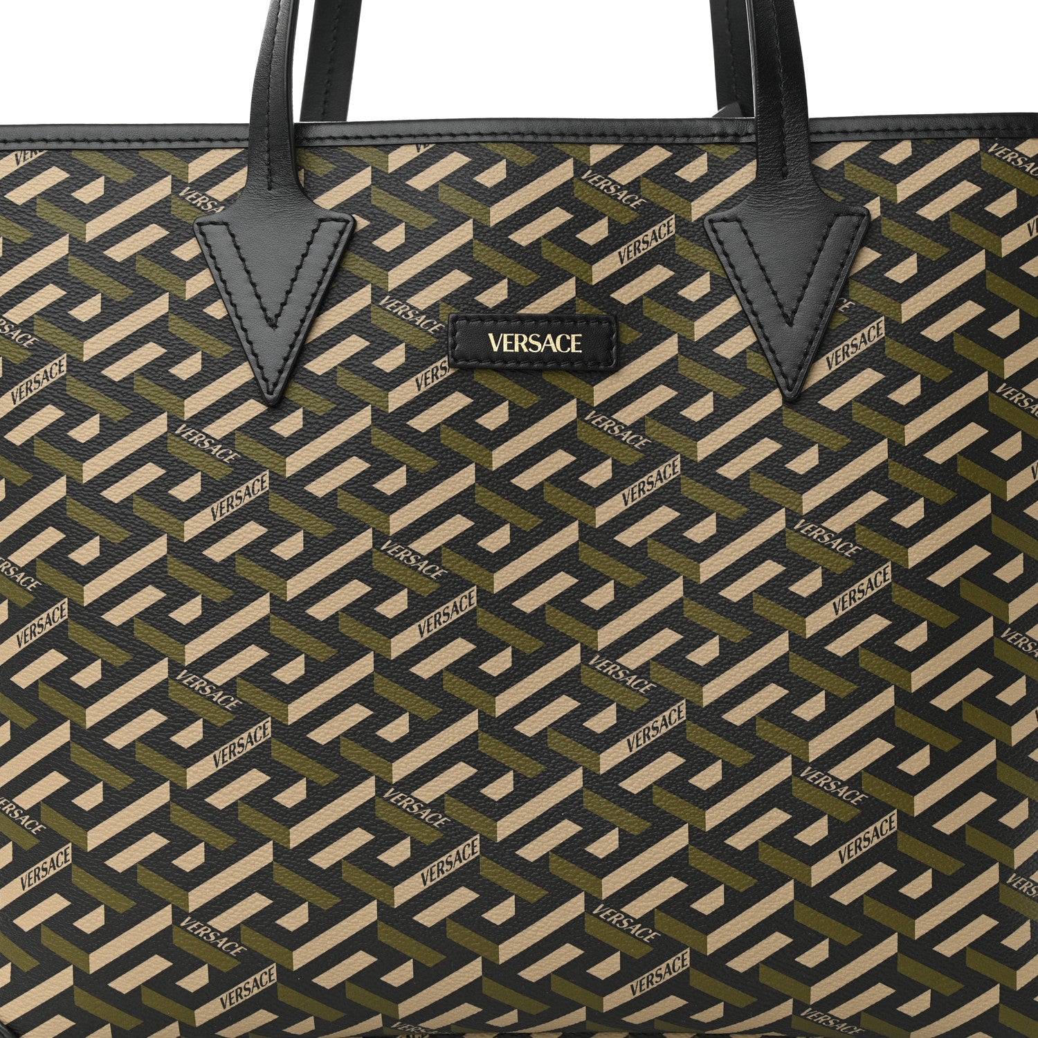 Versace Canvas Calfskin Monogram La Greca Medusa Tote Black Khaki 8 of 10