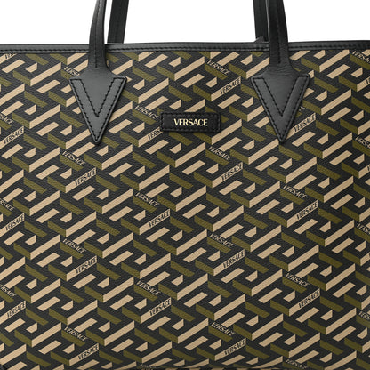 Versace Canvas Calfskin Monogram La Greca Medusa Tote Black Khaki 8 of 10
