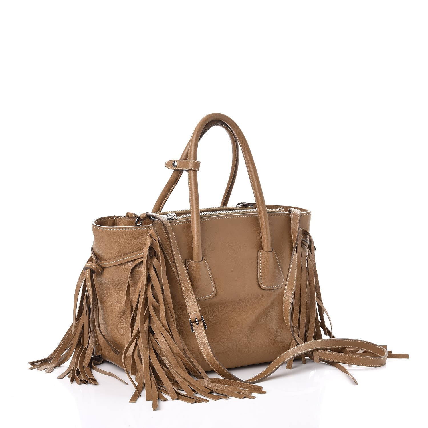 Prada Glace Calf Twin Pocket Fringe Tote Caramel 3 of 16