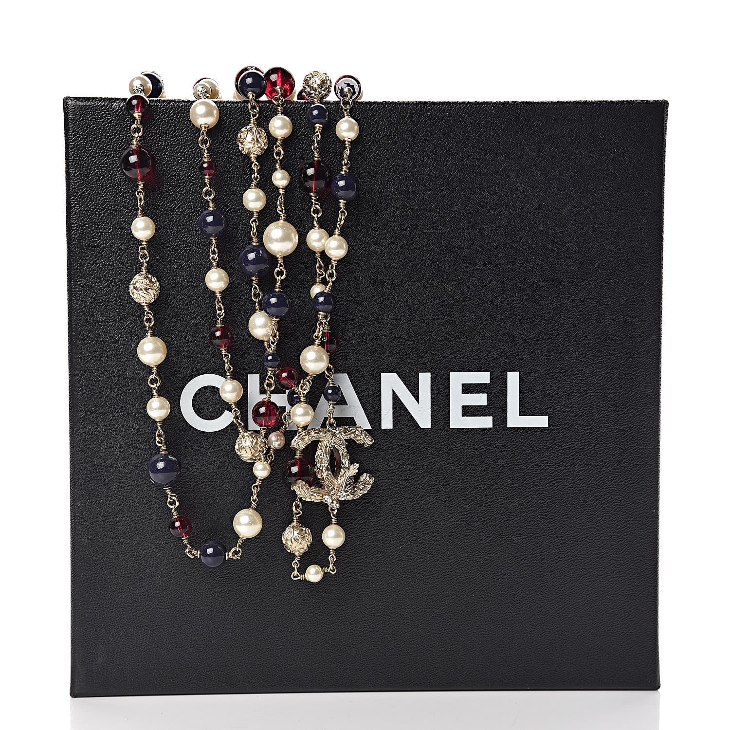 Chanel Pearl Bead Crystal CC Long Necklace Gold Red 6 of 6